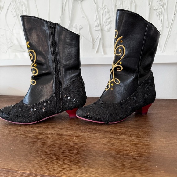 Disney Frozen Princess Anna Black Gold Costume Dress Up Boots Side Zip Girls2/3 - Picture 3 of 9